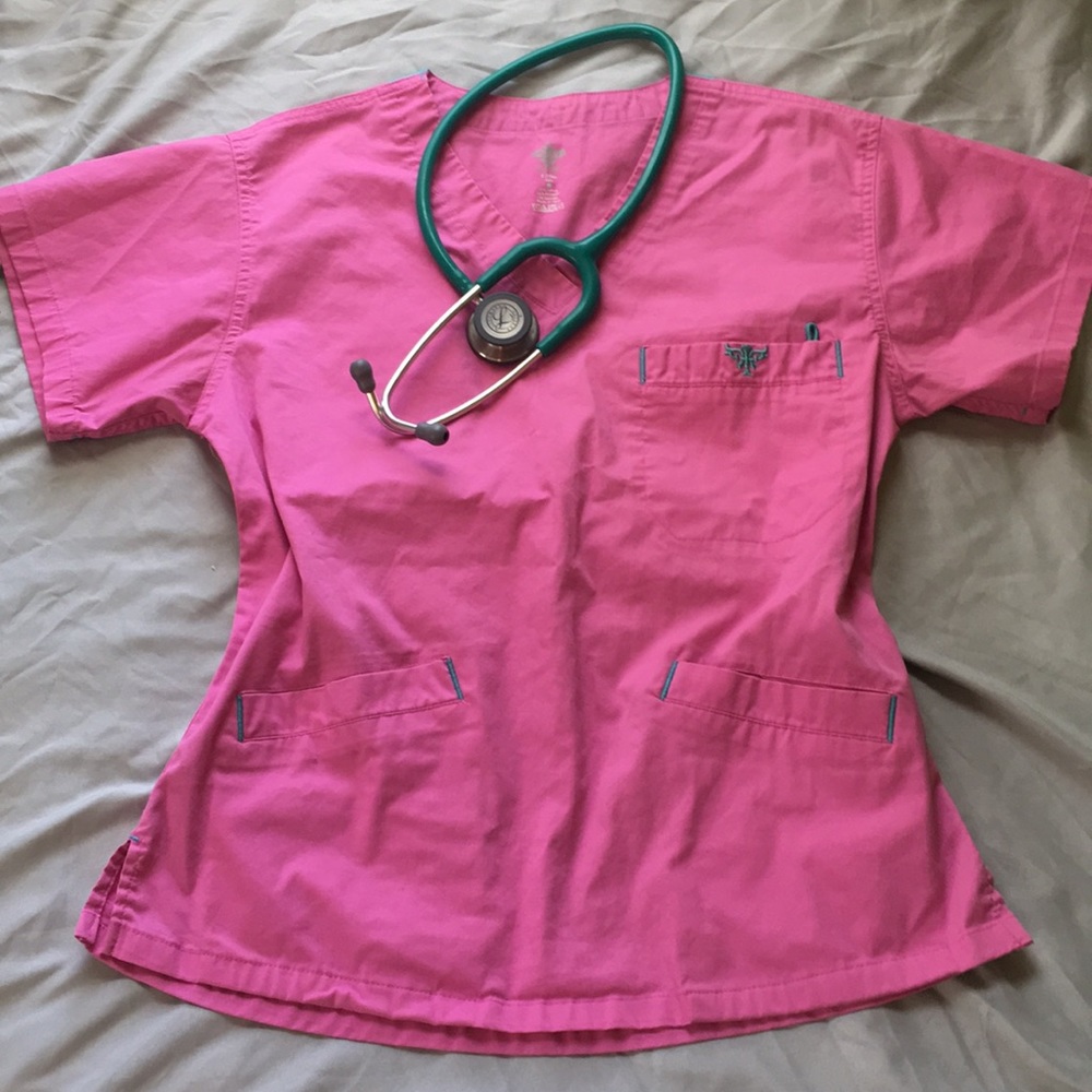 Med Couture pink and teal scrub top